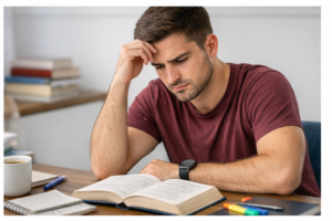 Opositor estudiando inglés con dificultad